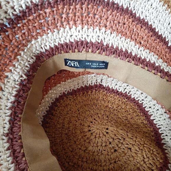 Zara Raffia Straw Striped Tan and Brown Floppy Sun Hat - Picture 8 of 14